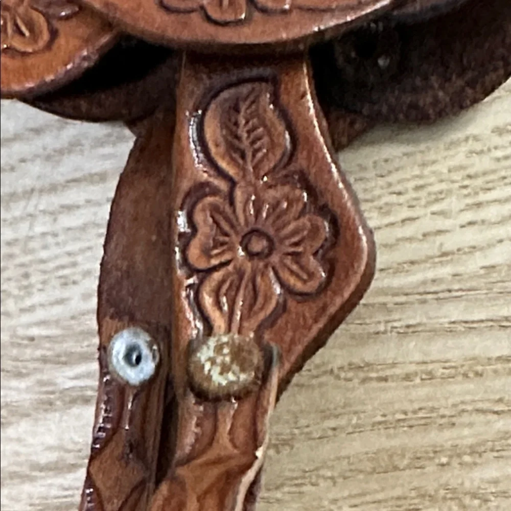 Western Brown‎ Tooled Leather Cowboy Hat & Saddle Christmas Ornaments Set Of 2